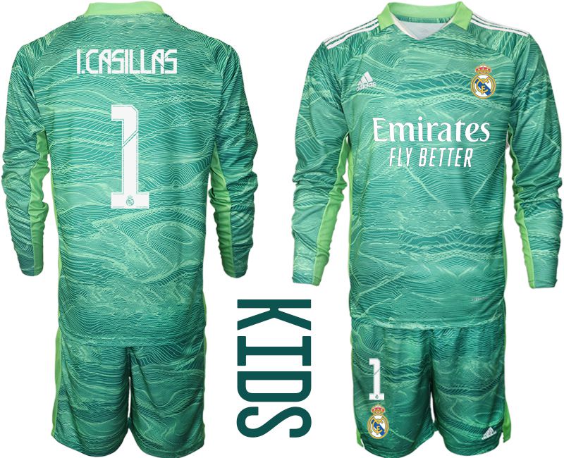 Youth 2021-2022 Club Real Madrid green goalkeeper long sleeve #1 Soccer Jerseys->youth soccer jersey->Youth Jersey